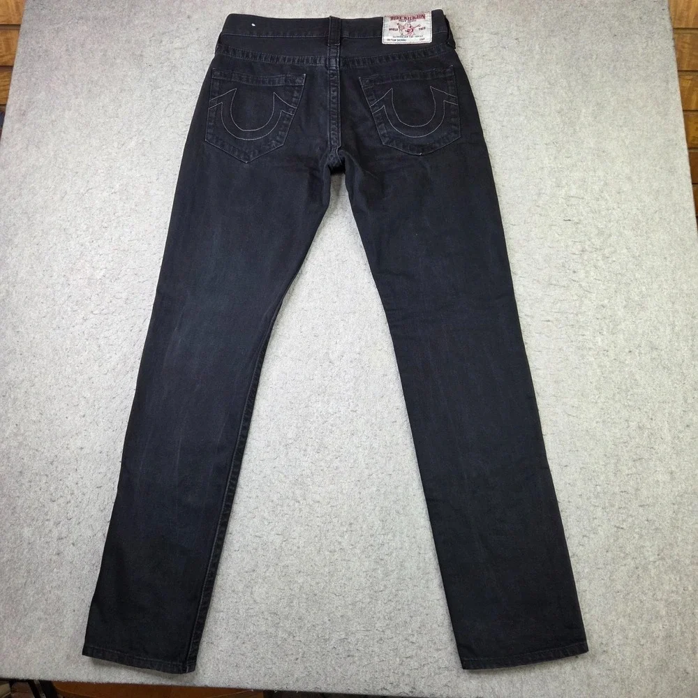 True Religion Mens All Black Jeans Size 31x33 Faded Dark Wash Slim Denim